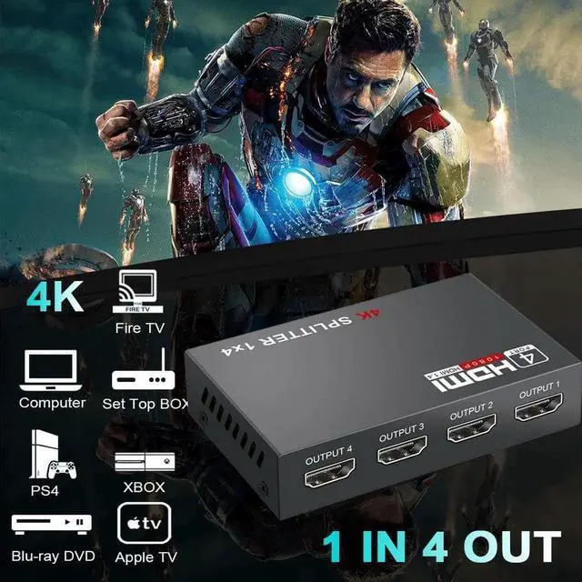 Alt view image 7 of 7 - JAENFONG HDMI Splitter 1 in 4 Out -4K Hdmi Splitter 1x4 Ports v1.4 Powered 4K/2K Full Ultra HD 1080p US Adapter 3D Support
