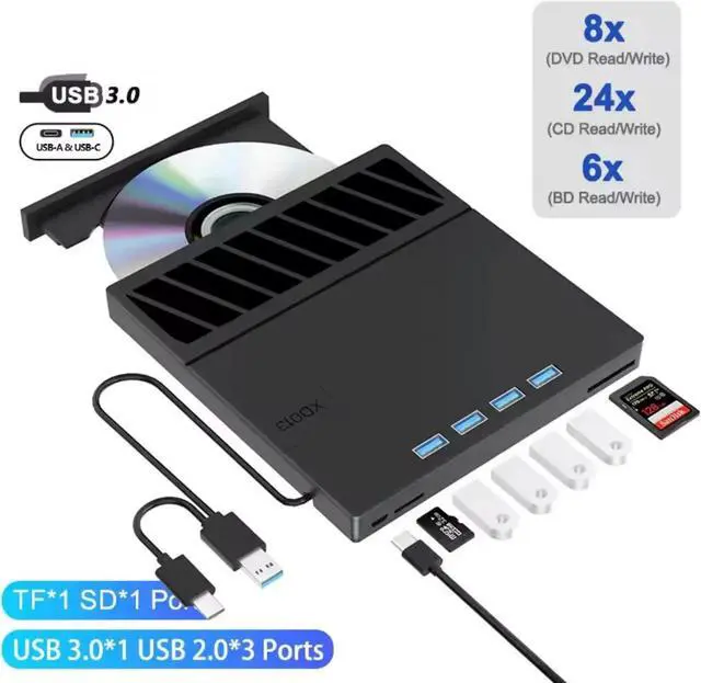 Main image of JAENFONG 7-in-1 External CD DVD Drive, USB3.0/USB C Portable CD DVD Player with Card Reader USB Hub CD ROM Burner Reader Supports Windows11/10/8.1/8/7/vista/2003/XP/2000/, Linux, Mac 10 OS