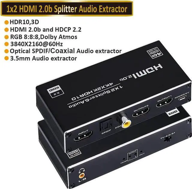 Main image of JAENFONG 4K@60HZ HDMI Splitter 1 in 2 Out with Audio Extractor(3.5mm, Coaxial & SPDIF audio out), HDMI Splitter 1 to 2 Amplifier for Full HD HDMI 2.0 1080P/ 3D/ 4K for Xbox PS4 PS3 Fire Stick Roku