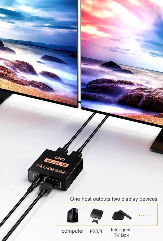 Alt view image 2 of 7 - JAENFONG 4K@60HZ HDMI Splitter 1 in 2 Out with Audio Extractor(3.5mm, Coaxial & SPDIF audio out), HDMI Splitter 1 to 2 Amplifier for Full HD HDMI 2.0 1080P/ 3D/ 4K for Xbox PS4 PS3 Fire Stick Roku
