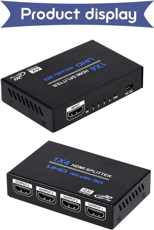 Alt view image 7 of 7 - JAENFONG HDMI Splitter 1 in 4 Out -4K Hdmi Splitter 1x4 Ports v1.4 Powered 4K/2K Full Ultra HD 1080p US Adapter 3D Support