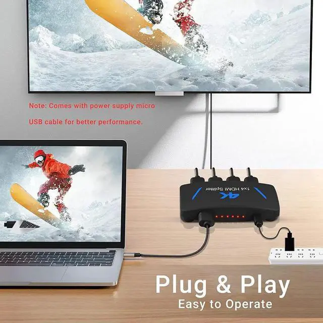 Alt view image 2 of 7 - JAENFONG 4K HDMI Splitter 1 in 4 Out,  4 Way HDMI Splitter 1x4 4Kx2K@30Hz W/AC Adapter, Mirror Duplicate Support 4Kx2K@30Hz 3D HDCP1.4b HDCP1.4 for PS4 Fire Stick HDTV