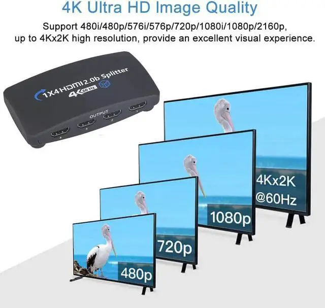 Alt view image 3 of 7 - JAENFONG 4K@60Hz HDMI Splitter 1 in 4 Out,1x4 Powered HDMI Splitter for Four Monitors w/Power Adapter, 4K@60Hz 4 Monitors Duplicate/Mirror for PS4 Fire Stick HDTV