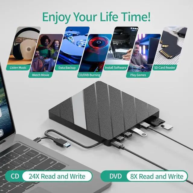 Alt view image 5 of 7 - JAENFONG 8-in-1 External CD DVD Drive, USB3.0/USB C Portable CD DVD Player with Card Reader USB Hub CD ROM Burner Reader Supports Windows11/10/8.1/8/7/vista/2003/XP/2000/, Linux, Mac 10 OS