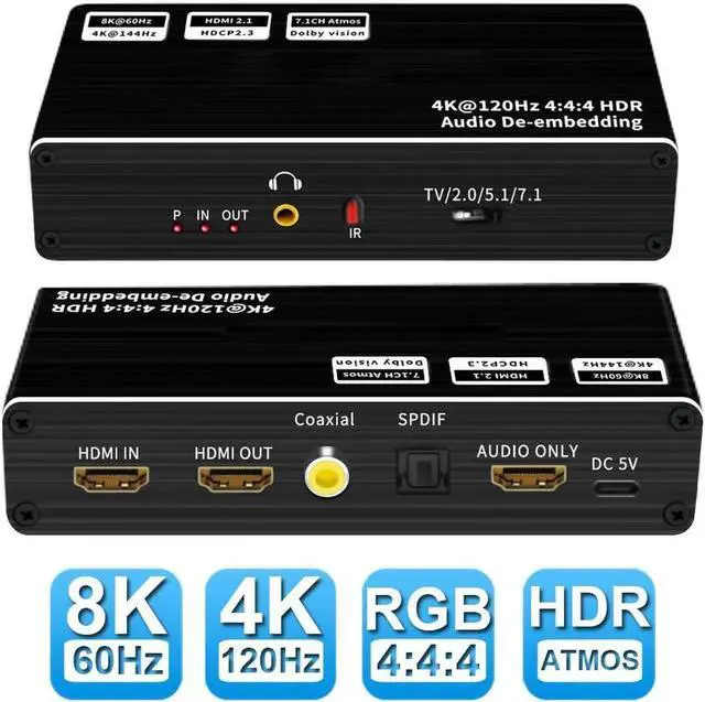 Main image of JAENFONG 8K@60Hz HDMI Audio Extractor, HDMI to HDMI + Optical Toslink SPDIF + 3.5mm Audio Jack + Coaxial + 7.1Ch HDMI Audio HDMI Audio Extractor Splitter for PS5 Soundbar Blu-Ray Player