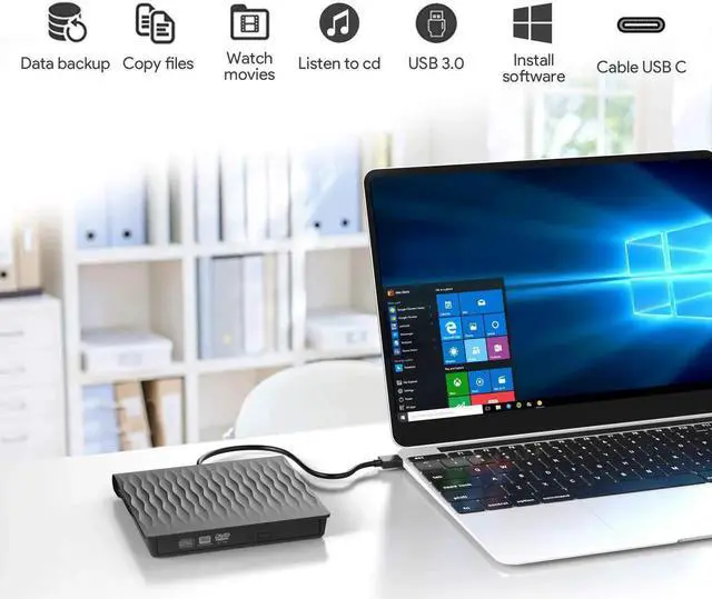 Alt view image 5 of 7 - JAENFONGExternal CD Drive, Optical DVD Drive with USB 3.0 Type C Interface, CD-ROM/DVD-RM Reader and Writer Compatible with Laptop Desktop PC Windows Linux OS Apple Mac(Black)