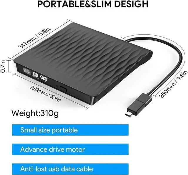 Alt view image 7 of 7 - JAENFONGExternal CD Drive, Optical DVD Drive with USB 3.0 Type C Interface, CD-ROM/DVD-RM Reader and Writer Compatible with Laptop Desktop PC Windows Linux OS Apple Mac(Black)