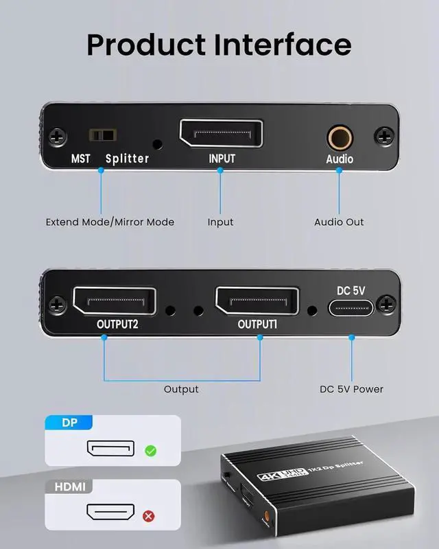 Alt view image 4 of 7 - JAENFONG 4K 144Hz DisplayPort 1.4 to DisplayPort Multi-Stream Transport (MST) Hub - 2-Port, DP to 2 DP, Ideal for Digital Signage, Large Video Displays in Schools