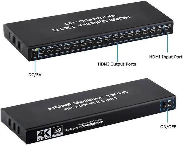 Alt view image 3 of 7 - JAENFONG  HDMI Splitter, Duplicate/Mirror, 4K HDMI Splitter 1 in 16 Out [Metal Case, 16Port ] , Powered Splitter, 1 Source to 16 Identical Displays for TV, Projector