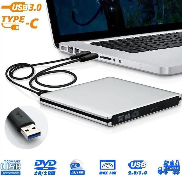 Main image of Aluminum External DVD Drive, USB 3.0 Type C CD Drive, Dual Port DVD Player, Portable Optical Burner Writer Rewriter, High Speed Data Transfer for Laptop Notebook Desktop PC MAC OS Windows, Silver