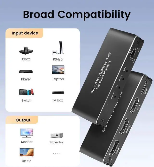 Alt view image 4 of 7 - JAENFONG 8K@60H HDMI Splitter 1x2 , 1 in 2 Out HDMI Splitter Audio Video Distributor 3D & 8K 4K 120Hz EDID Box Support 48Gbps, HDCP 2.3, RGB 4:4:4 for HDTV, STB, DVD, PS3, Projector Etc