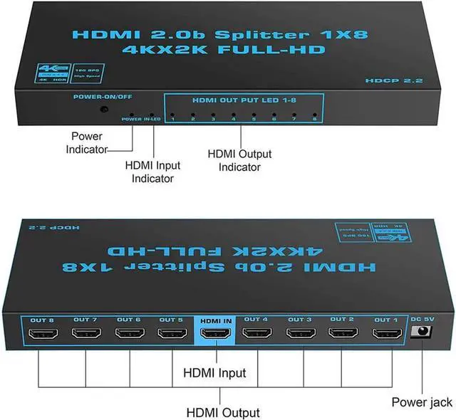 Alt view image 7 of 7 - JAENFONG 4K HDMI Splitter 1 in 8 Out, JAENFONG 8 Way HDMI Splitter 1x8 4Kx2K@60Hz W/AC Adapter, Mirror Duplicate Support 3D HDCP2.2, RGB 4:4:4, 18.5Gbps for PS4 Fire Stick HDTV