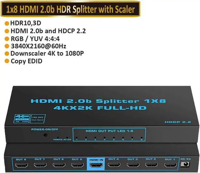 Main image of JAENFONG 4K HDMI Splitter 1 in 8 Out, JAENFONG 8 Way HDMI Splitter 1x8 4Kx2K@60Hz W/AC Adapter, Mirror Duplicate Support 3D HDCP2.2, RGB 4:4:4, 18.5Gbps for PS4 Fire Stick HDTV
