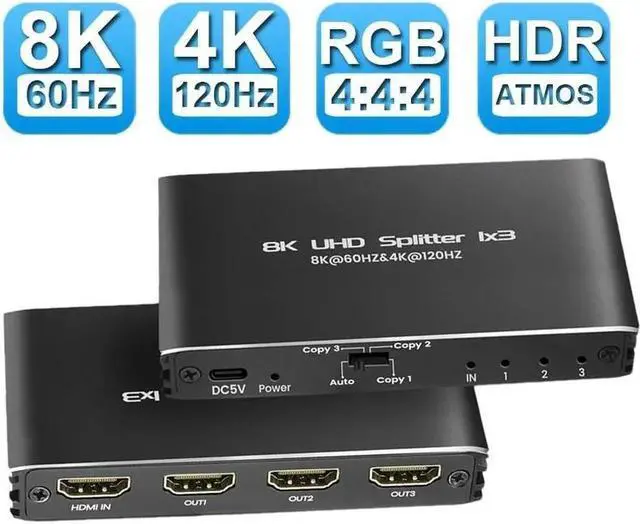 Main image of JAENFONG 1x3 HDMI Splitter 8K, 1 in 3 Out HDMI Splitter Audio Video Distributor Box Support 3D & 8K 4K 120Hz HDCP 2.3 EDID Compatible for HDTV, STB, PS3, PS4 Pro Blu-Ray DVD Player, Projector Etc