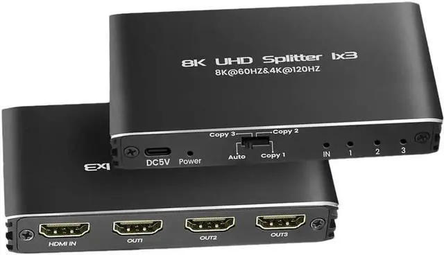 Main image of JAENFONG  4K 120Hz HDMI Splitter 1 in 3 Out, 1x3 Power HDMI Splitter 3 Ports w/AC Adapter, 8K@60Hz 3D Full HD Distributor Support 48Gbps, HDCP 2.3, RGB 4:4:4 for HDTV, STB, DVD, PS3, Projector Etc