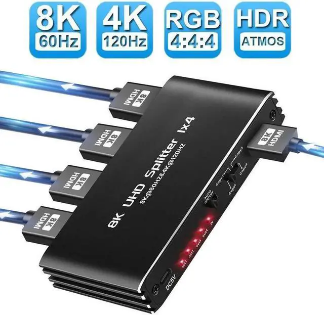 Main image of JAENFONG 4K 120Hz HDMI Splitter 1 in 4 Out, 1x4 Power HDMI Splitter 4 Ports w/AC Adapter, 8K@60Hz 3D Full HD Distributor Support 48Gbps, HDCP 2.3, RGB 4:4:4 for HDTV, STB, DVD, PS5, Projector Etc