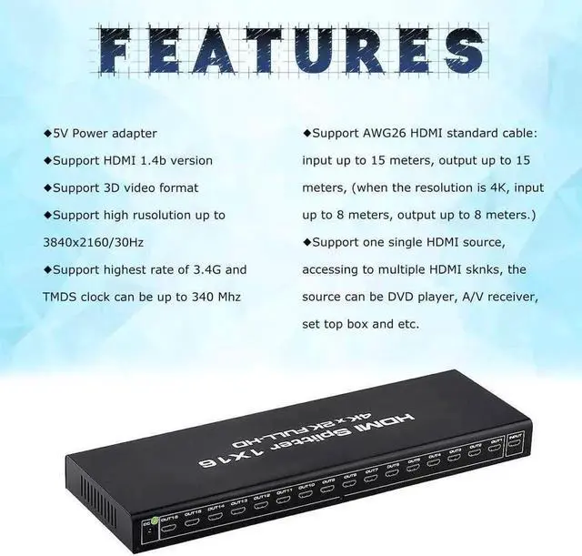 Alt view image 6 of 7 - JAENFONG HDMI Splitter 1 in 16 Out, 1x16 Power HDMI Splitter 16 Ports w/AC Adapter, 4Kx2K@30Hz 3D Full HD Distributor for Xbox, PS5, Roku Blu-Ray Player, HDTV - Adapter Included