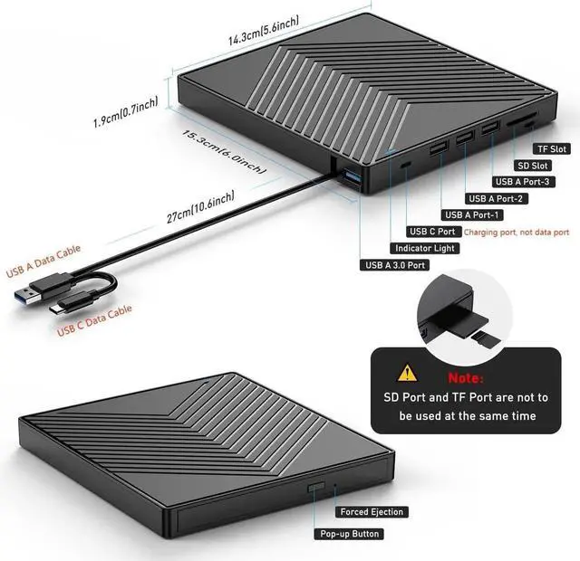 Alt view image 3 of 7 - JAENFONG 8-in-1 External CD/DVD Drive for Laptop, CD Burner USB C Portable DVD Player CD ROM Disk Reader with SD/TF Slot 4 USB Ports, Optical Disc Drive for PC Mac MacBook Windows Linux