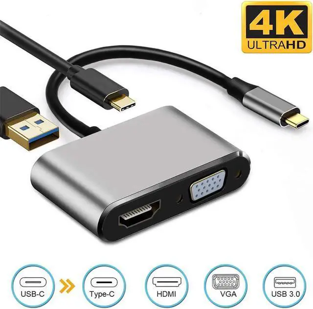 Main image of JAENFONG USB C to HDMI VGA Adapter, Type C 4 in 1 USB Hub with USB 3.1 Quick Charging Port, USB 3.0, VGA & HDMI 4K UHD Output -Gray