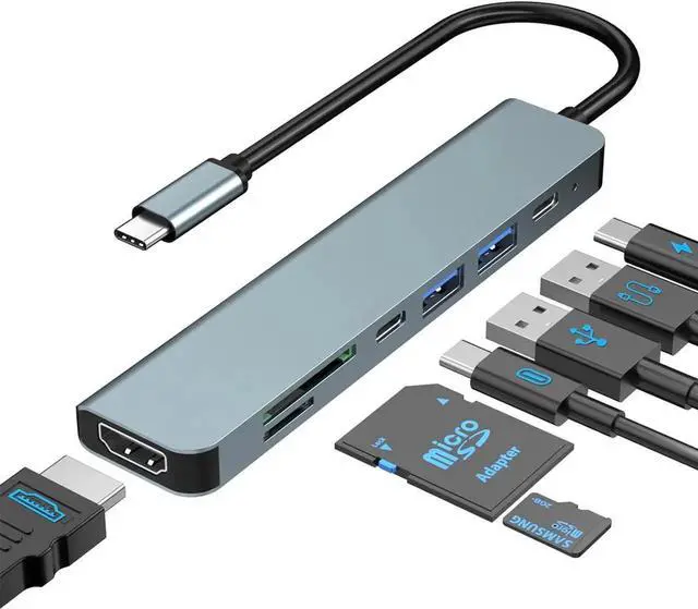 Main image of JAENFONG USB C Hub, 7 in 1 USB C to 4K HDMI Splitter, 5Gbps USB 3.0 & USB C Data Port, USB2.0, 4K HDMI Port, PD 100W Charging, SD/TF Card Reader, for iPad Pro MacBook Pro Laptops and More