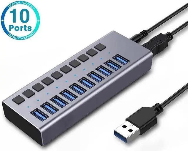 Main image of Powered USB 3.0 Hub, 10-Port USB Hub Splitter (10 Data Transfer Ports+ 10 Charging Ports) with Individual LED On/Off Switches, USB Hub 3.0 Powered with Power Adapter for Mac, PC