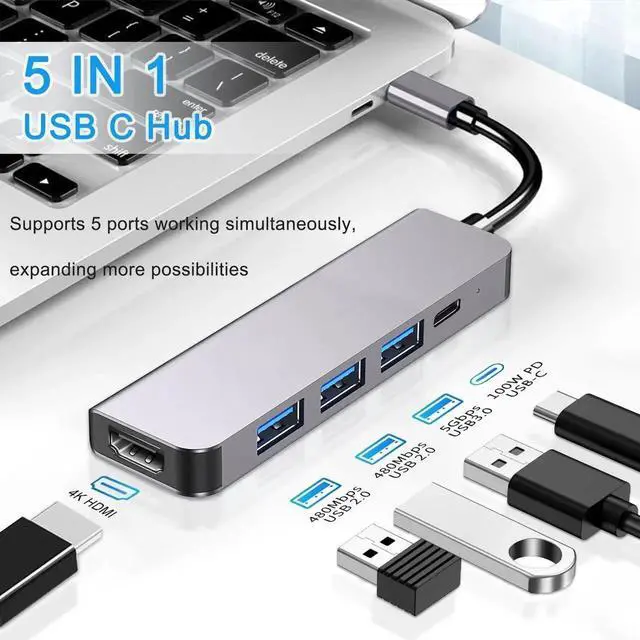 Alt view image 2 of 7 - JAENFONG USB C Hub, 5 in 1 USB C to 4K HDMI Splitter, USB 3.0, 2*USB 2.0, 4K HDMI Port, PD 100W Charging, for iPad Pro MacBook Pro Laptops and More