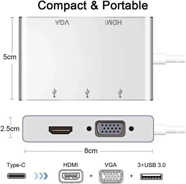 Alt view image 3 of 7 - JAENFONG USB C Hub Adapter(Thunderbolt 3 Compatible), USB Type C Hub to 4K HDMI,1080P VGA,3*USB3.0 ,Compatible with Samsung DeX for Galaxy S10/S9/S8,MacBook/MacBook