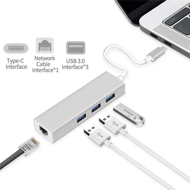 Alt view image 2 of 7 - JAENFONG USB C To Ethernet Adapter - Ethernet To USB C/Thunderbolt 3 To RJ45 Wired Network Convert Adapter with 3 USB 3.0, Plug & Play, Compatible With Mac Book,MacBook 2019/2018/2017 and More - Gray