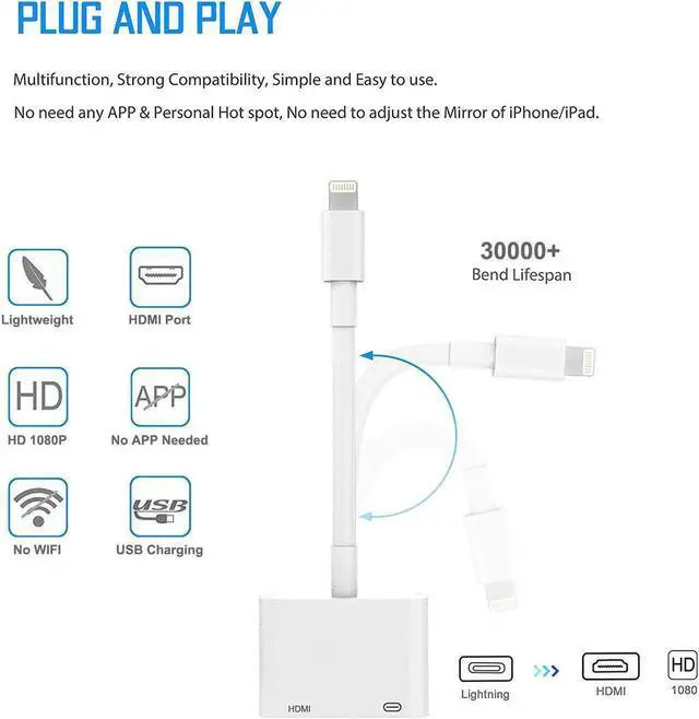 Alt view image 7 of 7 - JAENFONG Lightning to HDMI Adapter Lightning to Digital AV Adapter 1080P with Lightning Charging Port for Select iPhone, iPad and iPod Models and TV Monitor Projector White