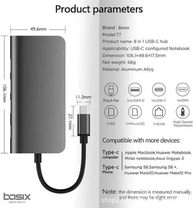 Alt view image 3 of 5 - JAENFONG  8 in1 USB Type C 3.1 HUB for Type C to 3 USB 3.0 / 4K HDMI / RJ45 Ethernet / Micro SD TF Card Reader / USB Type C OTG HUB for MacBook Pro and Type C Windows Laptops -Gray