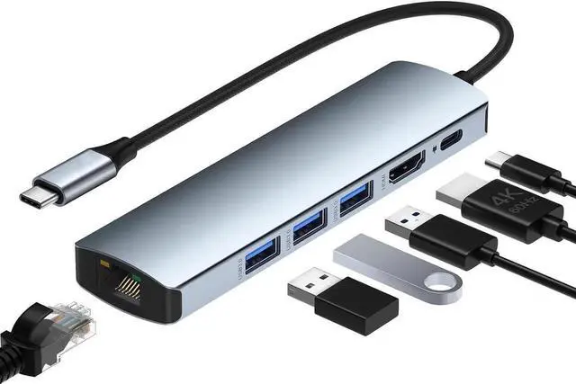 Main image of JAENFONG 6-in-1 USB Hub with 3xUSB3.0, 1x100W PD & 1Gbps Rj45 Network, 4K HDMI Multiple Ports USB Splitter for MacBook Air iMac Surface Chromebook Windows macOS Linux Laptop