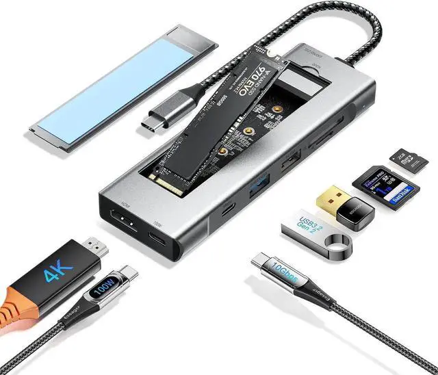 Main image of JAENFONG USB C Docking Station with M.2 SSD Enclosure, 8 in 1 Multiport USB Type C HUB with 4K HDMI Video, PD 100W, TF/SD Slot, USB 3.1 Type A 10Gbps, USB-A, 10Gbps USB C for MacBook Air/Pro