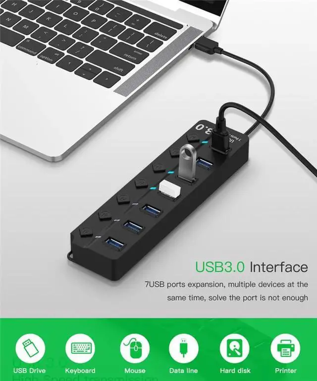 Alt view image 4 of 7 - JAENFONG Powered USB Hub - 7-Port USB 3.0 Hub with 7 USB 3.0 Ports, DC 5V Power Adapter, LEDs - Black(7IN1HUB)
