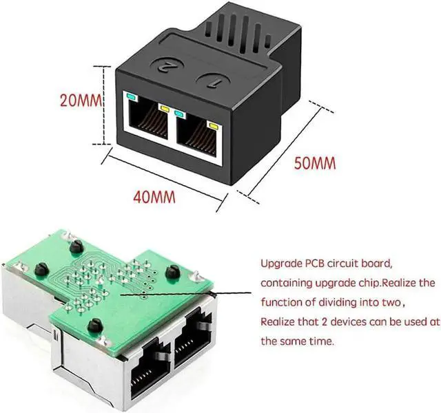 Alt view image 4 of 7 - RJ45 Splitter Adapter with USB Power Cable, USB 1 to 2 Network Connector Dual LAN Ethernet Socket 8P8C Extender Plug Cable for Cat5, Cat5e, Cat6, Cat7