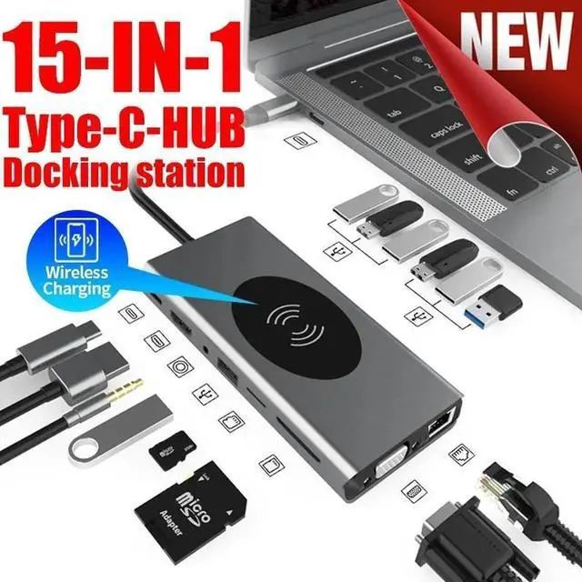 Main image of Upgraded Docking Station Dual Monitor for MacBook Air M1 & Windows/Thunderbolt 3 Dock, 15 in 1 USB C Hub with 4K HDMI,87W PD,VGA,Gigabit Ethernet, USB 3.0, Audio, SD TF Card Reader,Wireless Charging