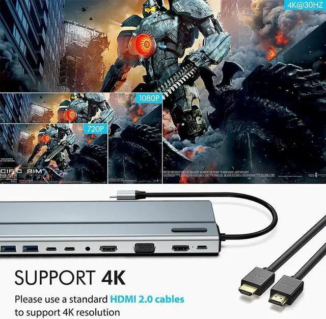 Alt view image 3 of 7 - USB C Docking Station, 14 in 1 Dual Display USB C Hub Multiport Adapter with HDMI, VGA, 87W PD, 3X 5Gbps USB 3.0, 2X USB 2.0, 2X USB-C, Gigablit, SD/TF Card Slot, Audio for MacBook, Surface, Windows