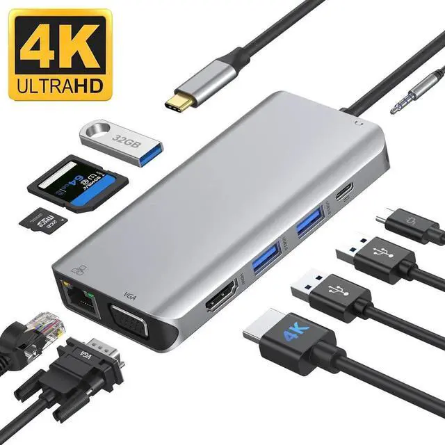 Main image of USB C Hub Type C Multiport Adapter for MacBook Pro/Air, 10 in 1 Mac Dongle with HDMI, Ethernet, VGA, PD Port, 3 USB 3.0, SD/TF Card Reader and Mic/Audio for Windows Type C Laptops