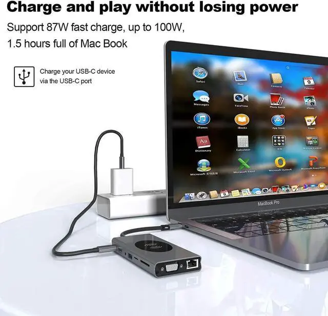 Alt view image 3 of 7 - 15 in 1 Aluminum USB C Hub for MacBook, Docking Station USB C Adapter with 87W Power Delivery, 4K HDMI,VGA, USB C and 7 USB A Data Ports, SD and TF Card Reader,3.5mm Audio, Gigablit,Wireless Charging