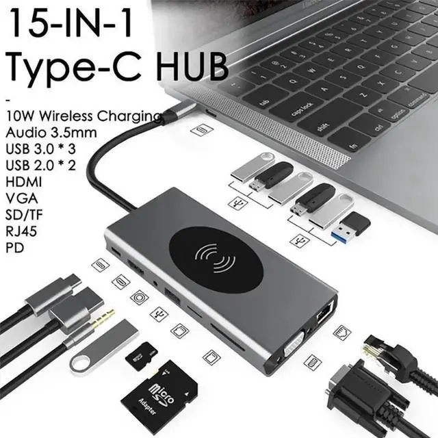 Main image of 15 in 1 Aluminum USB C Hub for MacBook, Docking Station USB C Adapter with 87W Power Delivery, 4K HDMI,VGA, USB C and 7 USB A Data Ports, SD and TF Card Reader,3.5mm Audio, Gigablit,Wireless Charging