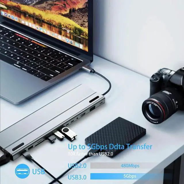 Alt view image 7 of 7 - 14 in 1 Aluminum USB C Hub for MacBook, Docking Station USB C Adapter Compatible with 87W Power Delivery, 4K HDMI,VGA, USB C and 5 USB A Data Ports, SD and microSD Card Reader,3.5mm Audio, Gigablit