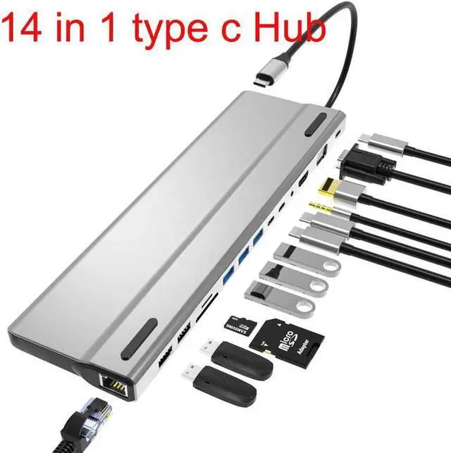 Main image of 14 in 1 Aluminum USB C Hub for MacBook, Docking Station USB C Adapter Compatible with 87W Power Delivery, 4K HDMI,VGA, USB C and 5 USB A Data Ports, SD and microSD Card Reader,3.5mm Audio, Gigablit
