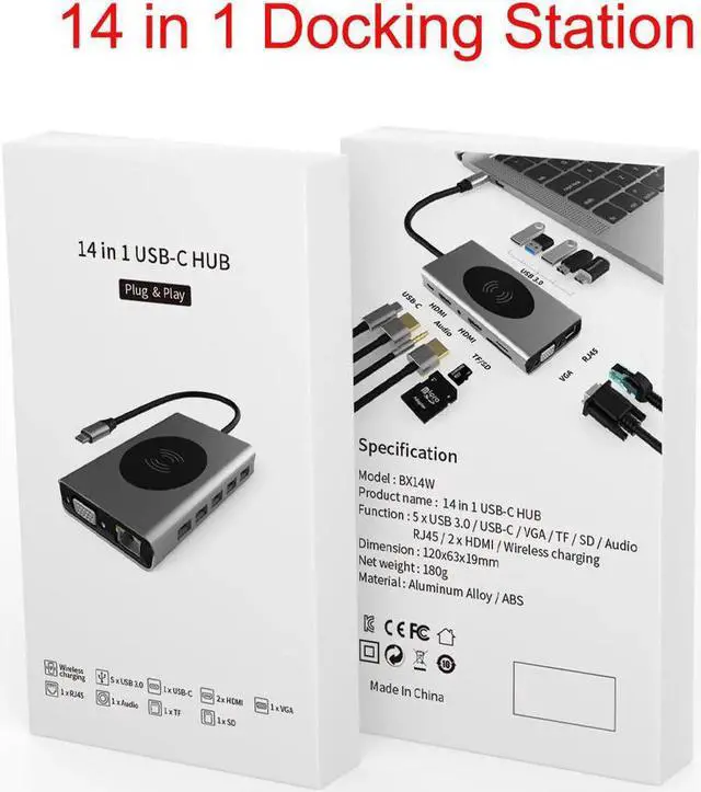 Main image of 14-IN-1 USB Type C Hub Adapter with 4K Dual HDMI-Compatible Port ,VGA, 5 USB 3.0 Ports, Wireless Charging, SD&Micro SD Card, PD Charging,3.5mm Audio, Gigablit for Macbook/Pro
