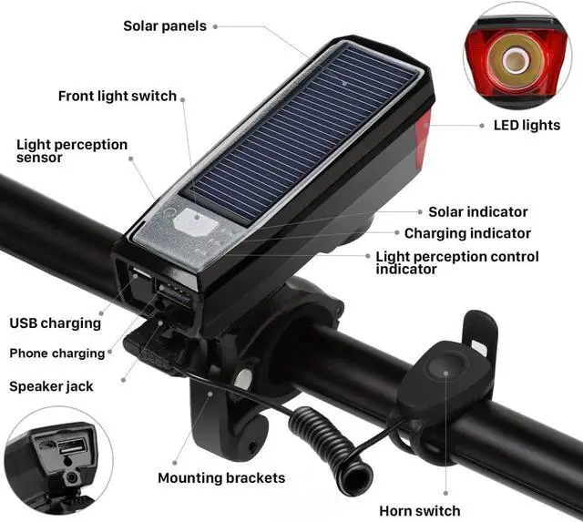 Alt view image 2 of 7 - Bike Light Set, Soalr USB Rechargeable Bicycle Light, Instant Install, Fits All Bikes - 4 Modes, Bike Lights Front and Back Illumination - Waterproof, Lightweight, Durable