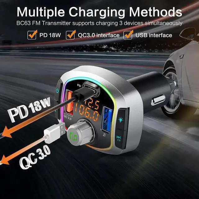 Alt view image 5 of 7 - Bluetooth FM Transmitter for Car, Hands-Free Call Dual USB QC3.0/18W+USB-C Fast Charging Car Charger, Wireless Car FM Radio Transmitter/MP3 Music Player/Car Kit/Audio Adapter W Mic, 7 LED Backlit