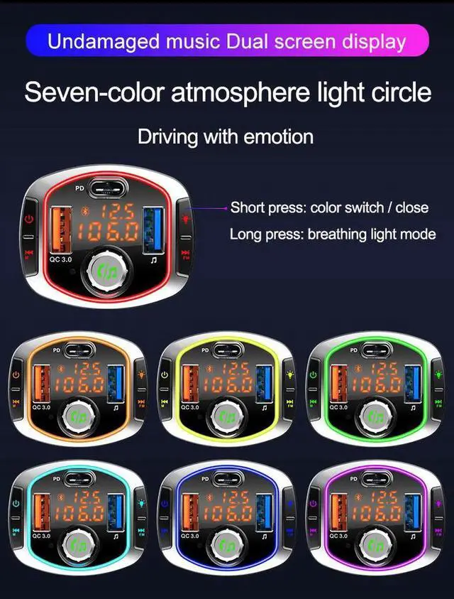Alt view image 7 of 7 - Wireless in-Car Bluetooth 5.0 FM Transmitter Radio Adapter Car Kit,Supports TF/SD Card and QC3.0/18W+USB-C Charging for All Smartphones Audio Players - BC63 [7 LED Backlit]