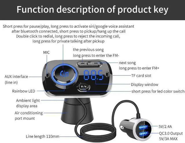 Alt view image 3 of 7 - Bluetooth 5.0 Car FM Transmitter,QC3.0 Wireless Bluetooth Car Adapter Mp3 Music Player Car Kit with Hands-Free Calling and 2 USB Charging,LED Backlit,TF Card/AUX for All Smartphones Audio Players