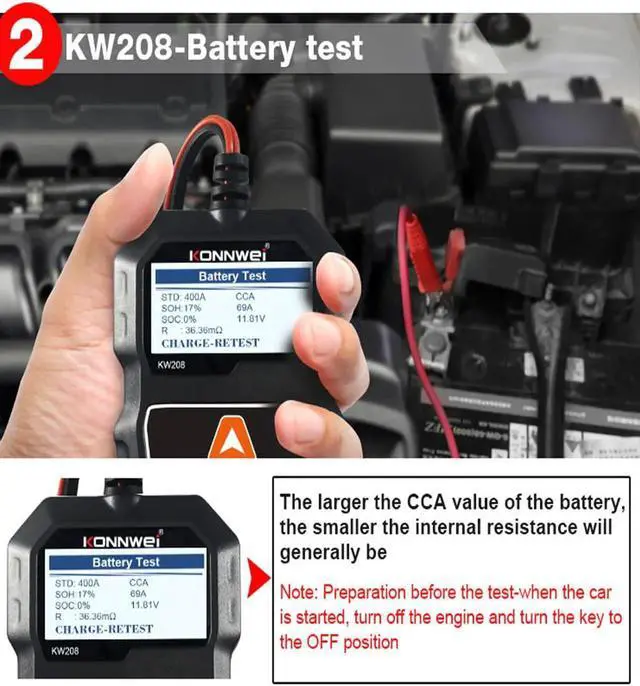 Alt view image 2 of 7 - KW208 12V Car Battery Tester Automotive 100-2000 CCA Battery Load Tester Auto Cranking and Charging System Test Scan Tool Digital Battery Alternator Analyzer for Car Truck Marine Motorcycle SUV Boat