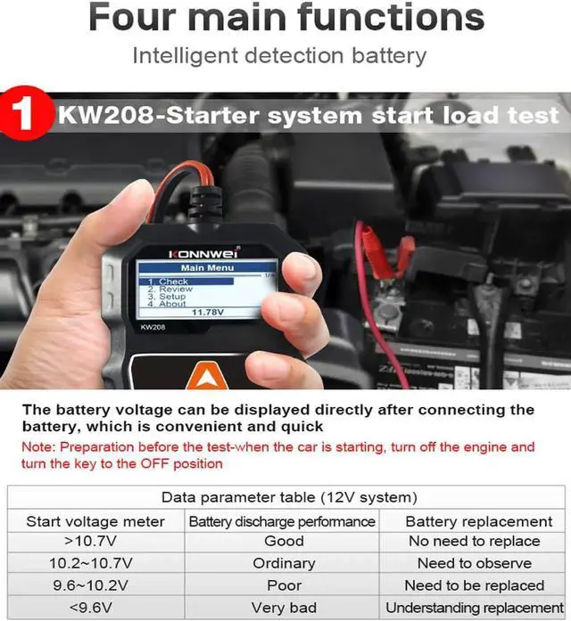 Alt view image 4 of 7 - KW208 12V Car Battery Tester Automotive 100-2000 CCA Battery Load Tester Auto Cranking and Charging System Test Scan Tool Digital Battery Alternator Analyzer for Car Truck Marine Motorcycle SUV Boat
