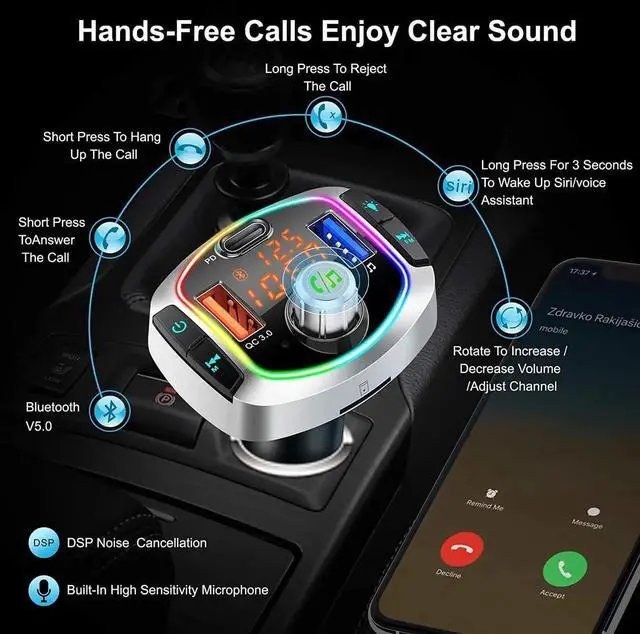 Alt view image 7 of 7 - BC63 Bluetooth 5.0 Car Adapter, FM Transmitter for Car, 2 USB Charging Ports QC3.0/18W+USB-C Radio Adapter Auto Music Player/Hands-Free Calls, Siri Google Assistant, 7 LED Backlit