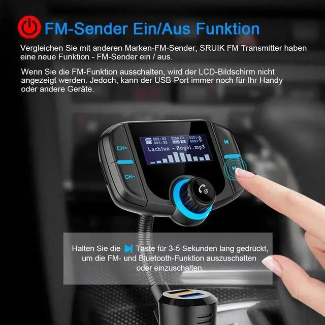 Alt view image 6 of 7 - Wireless in-Car Bluetooth FM Transmitter Radio Adapter Car Kit,1.7 Inch Display Supports TF/SD Card andQC3.0 & 5V/2.4A Charging for All Smartphones Audio Players - BT70 [Upgraded Version]